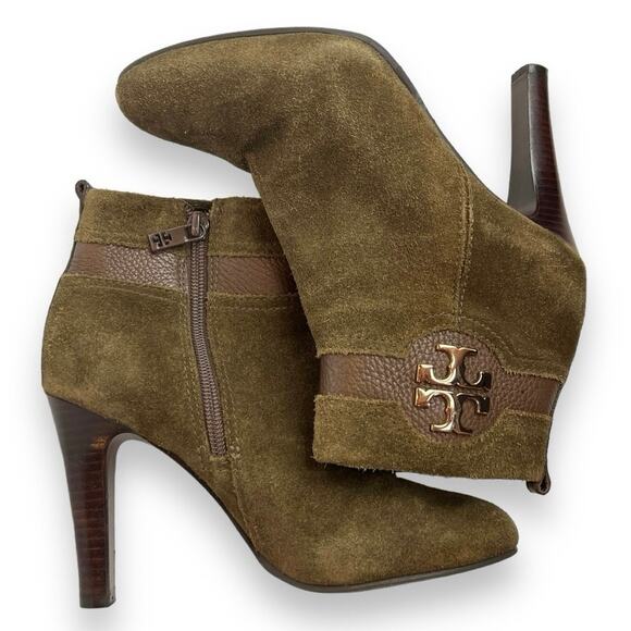 Tory Burch Alaina Green Suede Leather Heeled Booties size 6M - Picture 3 of 12